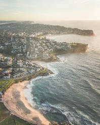 Aerial View Of Eastern Suburbs Residential Area, Coastline Cliffs And Beaches At Sunrise In Sydney, Australia. - AAEF21889