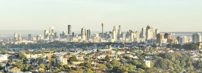 Aerial Panoramablick auf Wohngebiet und Wolkenkratzer in Sydney City Skyline, Australien. - AAEF21891