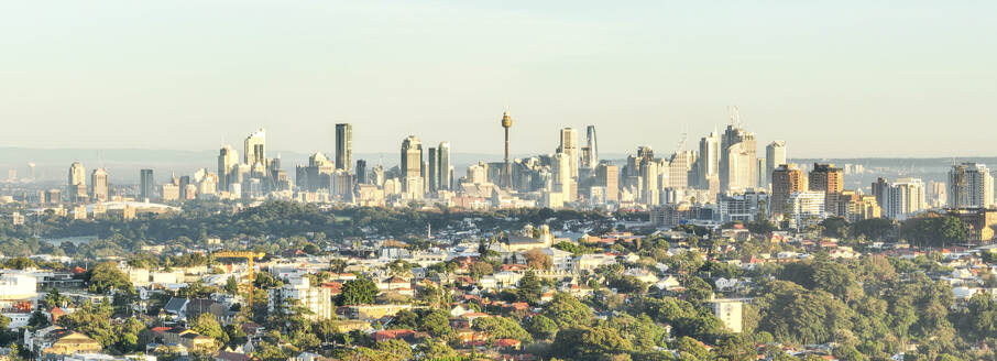 Aerial Panoramic View Of Residential Area And Skyscrapers In Sydney City Skyline, Australia. - AAEF21891