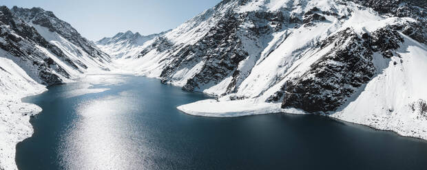 Aerial Panoramic View Of The Snowing Mountains Surrounding Laguna Del Inca In The Chilean Andes, Chile. - AAEF21895