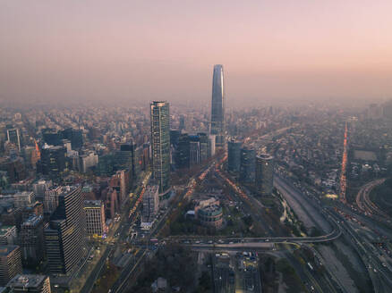Aerial View Of Tall Skyscraper And Office Buildings At Dusk In Downtown Santiago, Chile. - AAEF21902