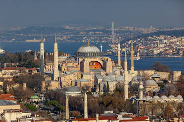 Aerial view of Hagia Sophia, Bosphorus and Bosphorus Bridge, Istanbul, Turkey. - AAEF21915