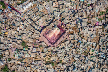 Aerial view of people celebrating the holy colour festival near the Shri And Baba Temple, Uttar Pradesh, India. - AAEF21931