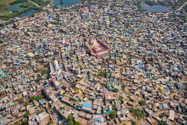 Aerial view of people celebrating the holy colour festival near the Shri And Baba Temple, Uttar Pradesh, India. - AAEF21932