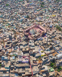 Aerial view of people celebrating the holy colour festival near the Shri And Baba Temple, Uttar Pradesh, India. - AAEF21933