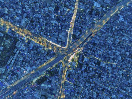 Aerial view of Jatrabari Gulistan Flyover junction road at night in Jatrabari Thana district in Dhaka city, Bangladesh. - AAEF22035