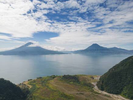 Aerial View of Lake Atitlan with Volcano San Pedro and Volcano Toliman,Solola Department, Guatemala. - AAEF22056