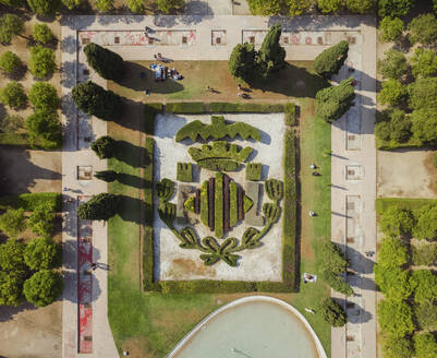 Aerial view of Valencia coat of arms in Turia Park, Valencia, Spain. - AAEF22067