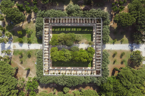 Aerial view of a square architecture in a garden with lush foliage and trees, Turia Park, Valencia, Spain. - AAEF22069