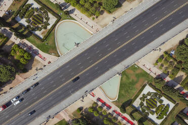 Aerial view of Arago Bridge with cars on the road, Turia Park, Valencia, Spain. - AAEF22071