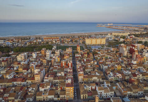 Aerial view of Cityscape with Skyline and Crowded Residential Area Near the Sea El Cabanyal, Valencia, Spain. - AAEF22078