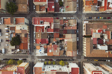 Aerial view building blocks in a Crowded Residential Area, El Cabanyal, Valencia, Spain. - AAEF22079