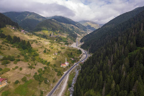 Aerial Drone View of Mountain Road in Anatolia, Turkey at Cloudy Day. - AAEF22164