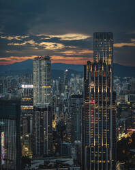 Aerial view of Hong Kong skyline with financial area skyscrapers at sunset. - AAEF22181