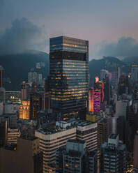 Aerial view of Hong Kong skyline with financial area skyscrapers at sunset. - AAEF22190