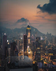 Aerial view of Hong Kong skyline with financial area skyscrapers at sunset. - AAEF22191