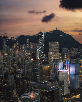 Aerial view of Hong Kong skyline with financial area skyscrapers at sunset. - AAEF22194