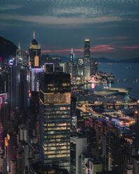 Aerial view of Hong Kong skyline with financial area skyscrapers at sunset. - AAEF22196