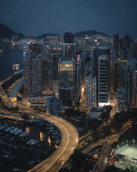 Aerial view of Hong Kong skyline with financial area skyscrapers at sunset. - AAEF22199