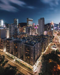 Aerial view of Hong Kong skyline with financial area skyscrapers at sunset. - AAEF22207