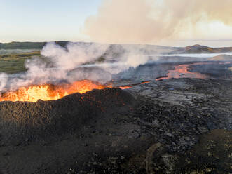 Aerial view of Litli-Hrutur (Little Ram) Volcano during an eruption on Fagradalsfjall volcanic area in southwest Iceland, it's a fissure eruption started on the Reykjanes Peninsula, Iceland. - AAEF22257