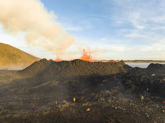 Aerial view of Litli-Hrutur (Little Ram) Volcano during an eruption on Fagradalsfjall volcanic area in southwest Iceland, it's a fissure eruption started on the Reykjanes Peninsula, Iceland. - AAEF22272