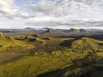 Aerial view of highlands mountains landscape with glacier near Hella, Southern Region, Iceland. - AAEF22370