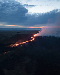 Aerial view of Litli-Hrutur (Little Ram) Volcano during an eruption on Fagradalsfjall volcanic area in southwest Iceland, it's a fissure eruption started on the Reykjanes Peninsula, Iceland. - AAEF22403