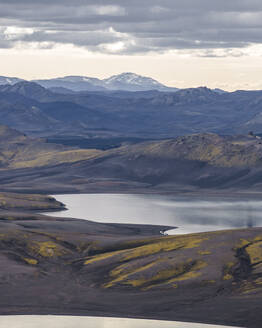 Aerial view of Lambavatn Lake at sunset, Kirkjubaejarklaustur, Southern region, Iceland. - AAEF22407