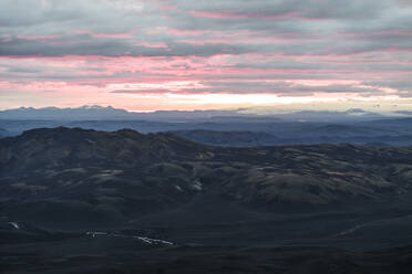 Aerial view of a beautiful mountain landscape at sunset in the highlands of Iceland, Kirkjubaejarklaustur, Southern region, Iceland. - AAEF22421