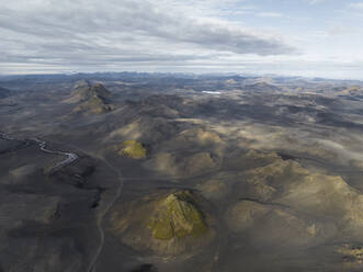 Aerial view of a beautiful mountain landscape at sunset in the highlands of Iceland, Kirkjubaejarklaustur, Southern region, Iceland. - AAEF22448