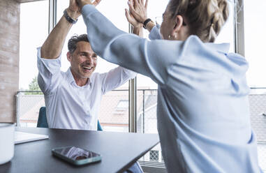 Glücklicher reifer Geschäftsmann gibt seinem Kollegen am Schreibtisch im Büro ein High-Five - UUF30428