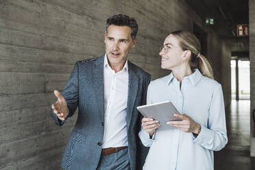 Smiling businesswoman and businessman having discussion together in office - UUF30443