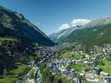 Aerial view of Zermatt, a small town famous for winter destination on the Swiss Alps, Valais, Switzerland. - AAEF22505