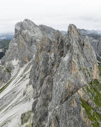 Aerial view of Seceda, a popular mountain peak on the Dolomites in the Odle/Geisler Group situated within Puez-Odle Nature Park in South Tyrol in Northern Italy. - AAEF22587