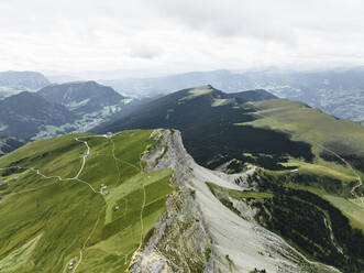 Aerial view of Seceda ridge with Puez-Odle Nature Park valley in Trentino, South Tyrol, Italy. - AAEF22589
