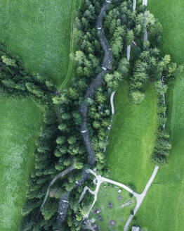 Aerial view of a small river among trees along the mountain crest in Ortisei, a small village on the Dolomites Trentino, South Tyrol in Northern Italy. - AAEF22604