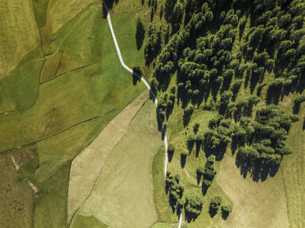 Luftaufnahme einer Bergstraße auf der Seiser Alm in den Dolomiten, Trentino, Südtirol in Norditalien. - AAEF22625