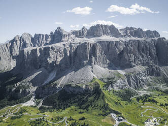 Aerial view of Passo Gardena on the Dolomites Mountains, Trentino, South Tyrol, Italy. - AAEF22666