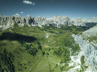 Aerial view of Pines de Cir (Cirspitzen) mountain on Passo Gardena on the Dolomites Mountains, Trentino, South Tyrol, Italy. - AAEF22674