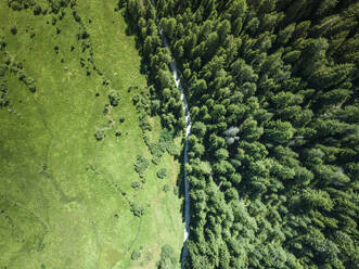 Luftaufnahme eines Wanderwegs entlang der Küste des Toblacher Sees, Dolomiten, Toblach, Trentino, Südtirol, Italien. - AAEF22689