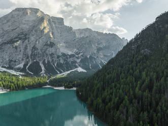 Aerial view of Braies Lake (Pragser Wildsee), a beautiful mountain lake on Fanes-Senes-Braies (Fannes-Sennes-Prags) Nature Park, Dolomites, Trentino, South Tyrol, Italy. - AAEF22693