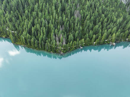 Luftaufnahme eines Wanderwegs entlang der Küste des Pragser Wildsees, eines blauen Bergsees im Naturpark Fanes-Senes-Prags, Dolomiten, Trentino, Südtirol, Italien. - AAEF22702