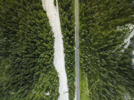 Luftaufnahme von Fahrzeugen auf einer Bergstraße mit Waldbäumen in der Nähe des Landro-Sees (Durrensee) im Dolomitengebiet, Hochpustertal, Trentino, Südtirol, Italien. - AAEF22728