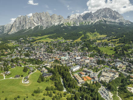 Aerial view of Cortina d'Ampezzo, a small town famous for winter holidays in Belluno province, Dolomites area, Veneto, Italy. - AAEF22757