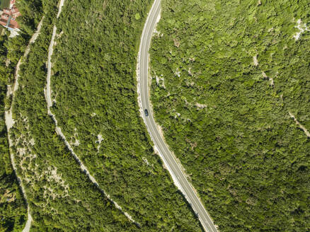 Aerial view of vehicles driving on the road on the hills in Sveti Lovrec, Istria, Croatia. - AAEF22844