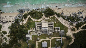 Aerial view of the Tulum ruins castle from right in top, Tulum, Quintana Roo, Mexico. - AAEF22854
