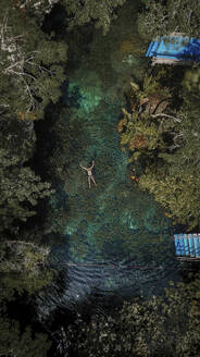 Aerial view of a person floating in Cenote, Tulum Mexico. - AAEF22858