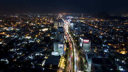Aerial view of Shahrah-e-Faisal avenue at night, Karachi, Sindh, Pakistan. - AAEF22865