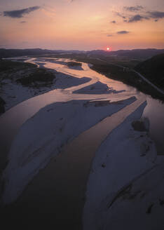 Aerial view of Vjosa, Europe's last wild river during sunset near Fier, Albania. - AAEF22899